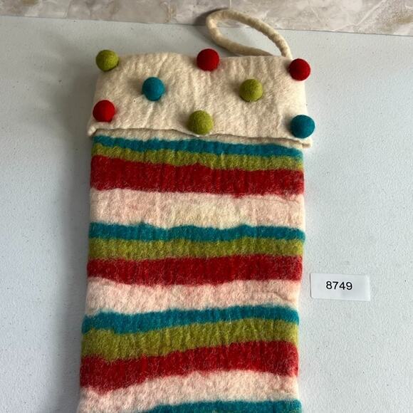 Wool Christmas Stocking 21" Colorful Striped Felt Polka Dots - Picture 5 of 5